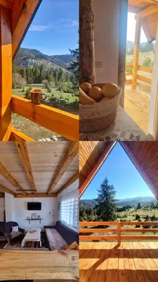 a collage of four pictures of a room with a window at Woodenhouse Ede Vlasic in Kutlovac
