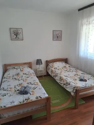a bedroom with two beds and a green rug at Apartman Orijent in Kulen Vakuf