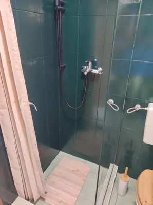a bathroom with a shower with a glass door at Domus Foresta Apartmani in Brdo