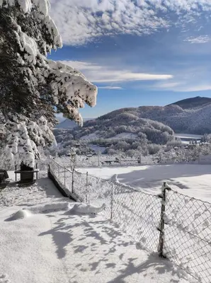 a fence covered in snow next to a snow covered field at Domus Foresta Apartmani in Brdo