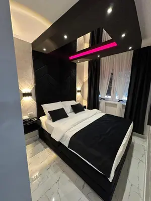 a bedroom with a large bed with a large mirror at Apartment Aristos in Modriča
