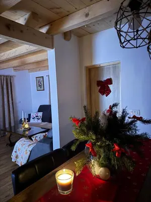 a living room with a christmas tree on a table at Vikendica Diva