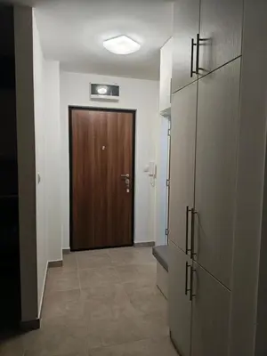 a hallway with a wooden door in a room at Urban escape in Doboj