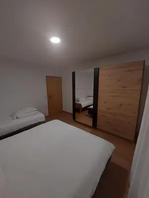 a bedroom with two beds and a large mirror at Apartman Delminium in Tomislavgrad
