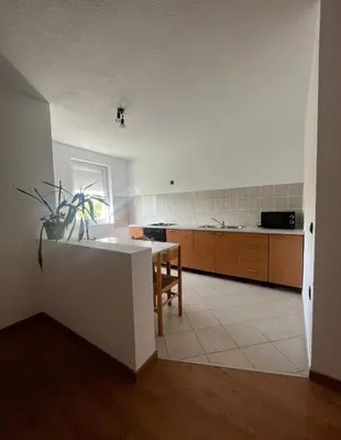 a large kitchen with a table and a counter top at Apartman Delminium in Tomislavgrad
