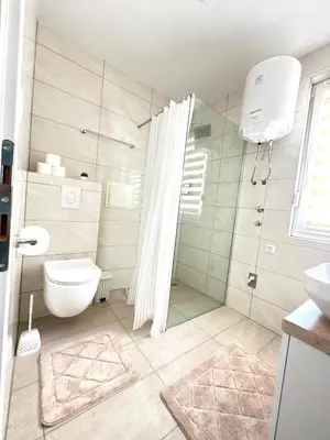 a bathroom with a shower and a toilet and a sink at Apartman Gold Jajce in Jajce