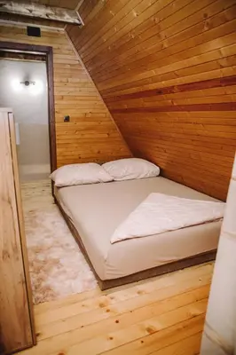 a room with two beds in a wooden cabin at Vikendica Buzadzija M&N