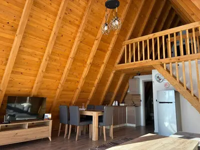 a room with a wooden ceiling with a table and chairs at Villa Rustic