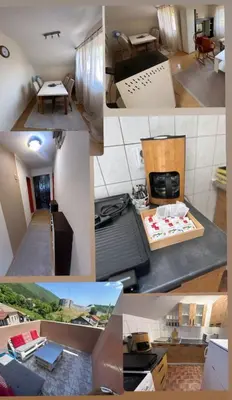 a collage of pictures of a kitchen and a living room at Stan Travnik in Travnik