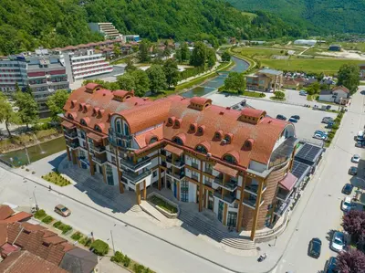 an overhead view of a building with a red roof at Apartman Suada in Fojnica