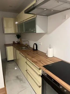 a kitchen with a wooden counter top with a sink at Stan na dan Ana in Prozor