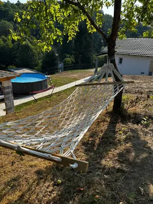 a hammock hanging from a tree next to a pool at Vila Fina in Laktaši