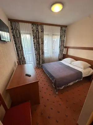 a hotel room with a bed and a desk at Apartman Hanna