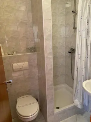 a bathroom with a toilet and a shower and a sink at Apartman Hanna