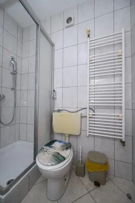 a bathroom with a toilet and a shower and a tub at Apartman HAAN in Bihać