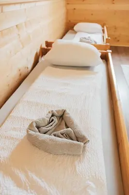 a group of three beds in a room at Hafizove ville na Uni in Illidža