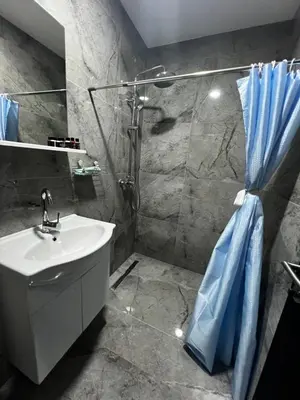 a bathroom with a sink and a shower at Apartmani M&DŽ Bihać in Bihać