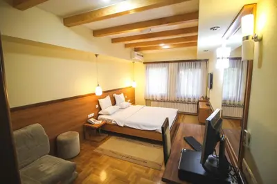 a bedroom with a bed and a television in it at Hotel Vila Vrbas in Banja Luka