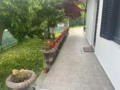 a row of flowers in pots next to a sidewalk at Apartman Serdjo
