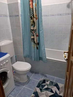 a bathroom with a toilet and a shower curtain at Insula in Otoka