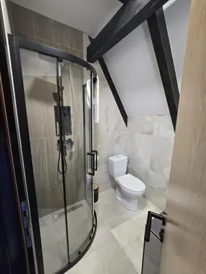 a bathroom with a shower and a toilet at JAGI Bungalovi Mrkonjic Grad in Mrkonjić Grad