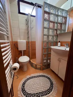 a bathroom with a toilet and a shower and a sink at Apartmani Odmor Fojnica in Fojnica