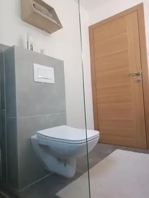 a bathroom with a toilet and a wooden door at Guest House Puccallpah in Visoko