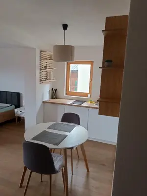 a kitchen with a table and chairs in a room at Guest House Puccallpah in Visoko