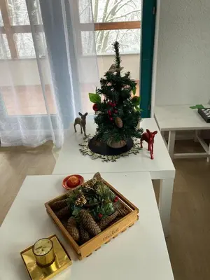 a table with a christmas tree on top of it at Holiday Home Tunnel Ravne in Visoko
