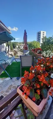 a planter filled with flowers sitting on a patio at Stan na dan Apartman Durakovic in Cazin