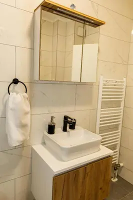a bathroom with a white sink and a mirror at Urban Studio I