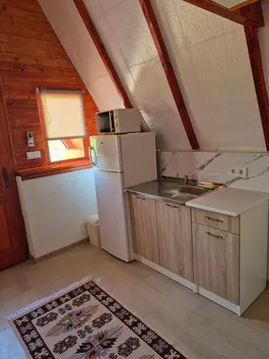 a small kitchen with a refrigerator and a sink at Adna 's Home in Orašac