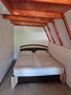 a bed in a room with a wooden ceiling at Adna 's Home in Orašac