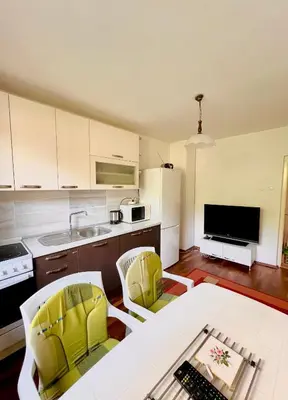a kitchen with a white table and chairs and a television at Apartman Hela in Ivišovo Greblje