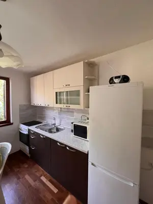 a kitchen with a white refrigerator and a sink at Apartman Hela in Ivišovo Greblje