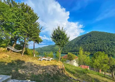 a group of animals on a hill with mountains in the background at Kamp Glamp Plivska Oaza in Jajce