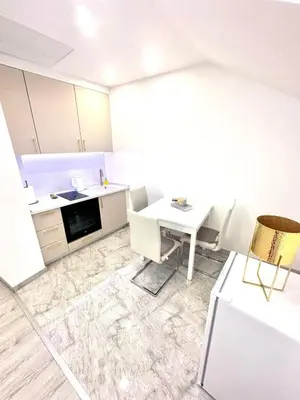 a kitchen with a white table and a white refrigerator at Apartment M&S in Bosanski Novi