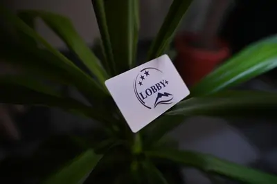 a sticker on a plant with a sign on it at Hotel LOBBY PLUS in Bihać