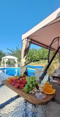 a cutting board with fruit and a glass of wine at Ranc Cika Zlaje in Vitez