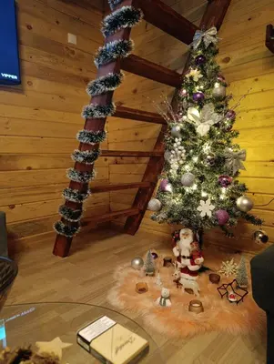 a christmas tree on the floor of a room at Janjske Otoke Brvnara Tiho Ognjiste in Šipovo