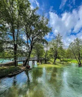 a river with trees and a bridge in the background at Apartman ARIS in Bosanska Krupa