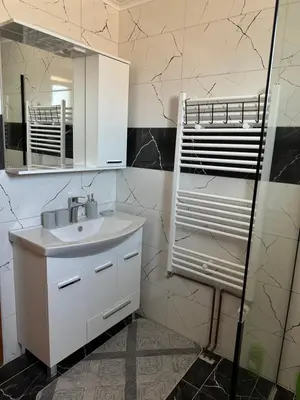 a bathroom with a sink and a mirror at Apartman Lida in Izačić