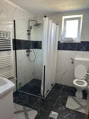 a bathroom with a shower and a toilet at Apartman Lida in Izačić