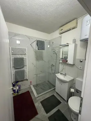 a bathroom with a shower and a toilet at Renoviran i novo namješten Apartman in Velika Kladuša