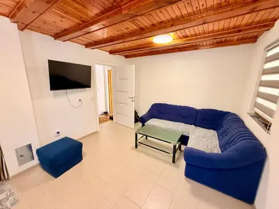 a living room with a blue couch and a tv at Endzi V&S in Šišava
