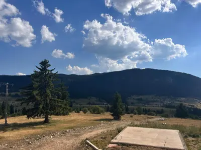 a view of a field with a tree and a mountain at Vikendica Nuhanović - Vlašić in Vlasic