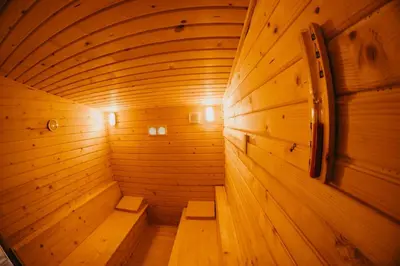 a wooden sauna with benches in a wooden room at Djedovo ognjište 2