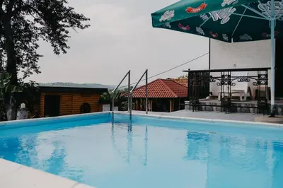 a swimming pool with an umbrella next to a house at Djedovo ognjište 2