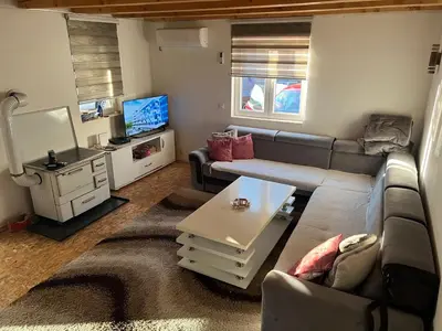a living room with a couch and a tv at Oaza mira -Trnovo in Ivišovo Greblje