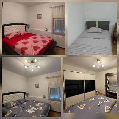 three pictures of a bedroom with a bed and a window at Apartman Stan na dan Happy Family Bihać in Ribić